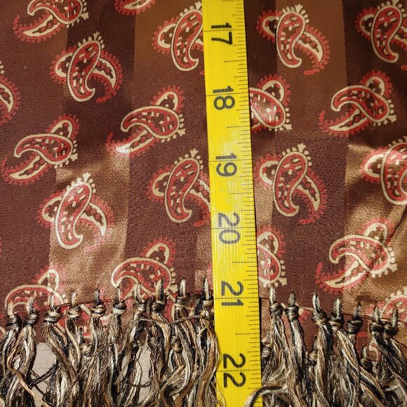 Brown Paisley Satin Scarf Vintage Fringe Trim 42 by 11 Inches Unisex Luxurious - Picture 5 of 10